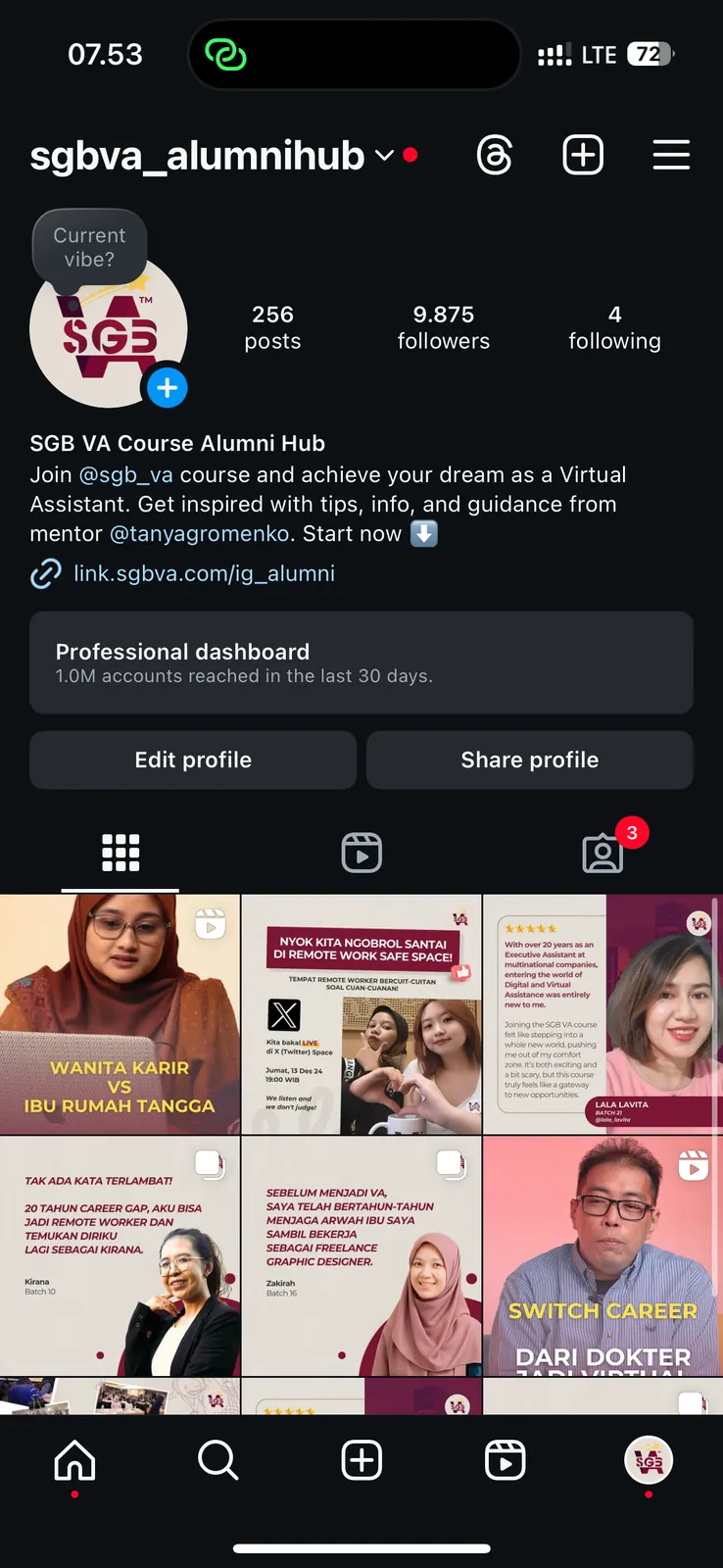Instagram profile of sgbva_alumnihub
