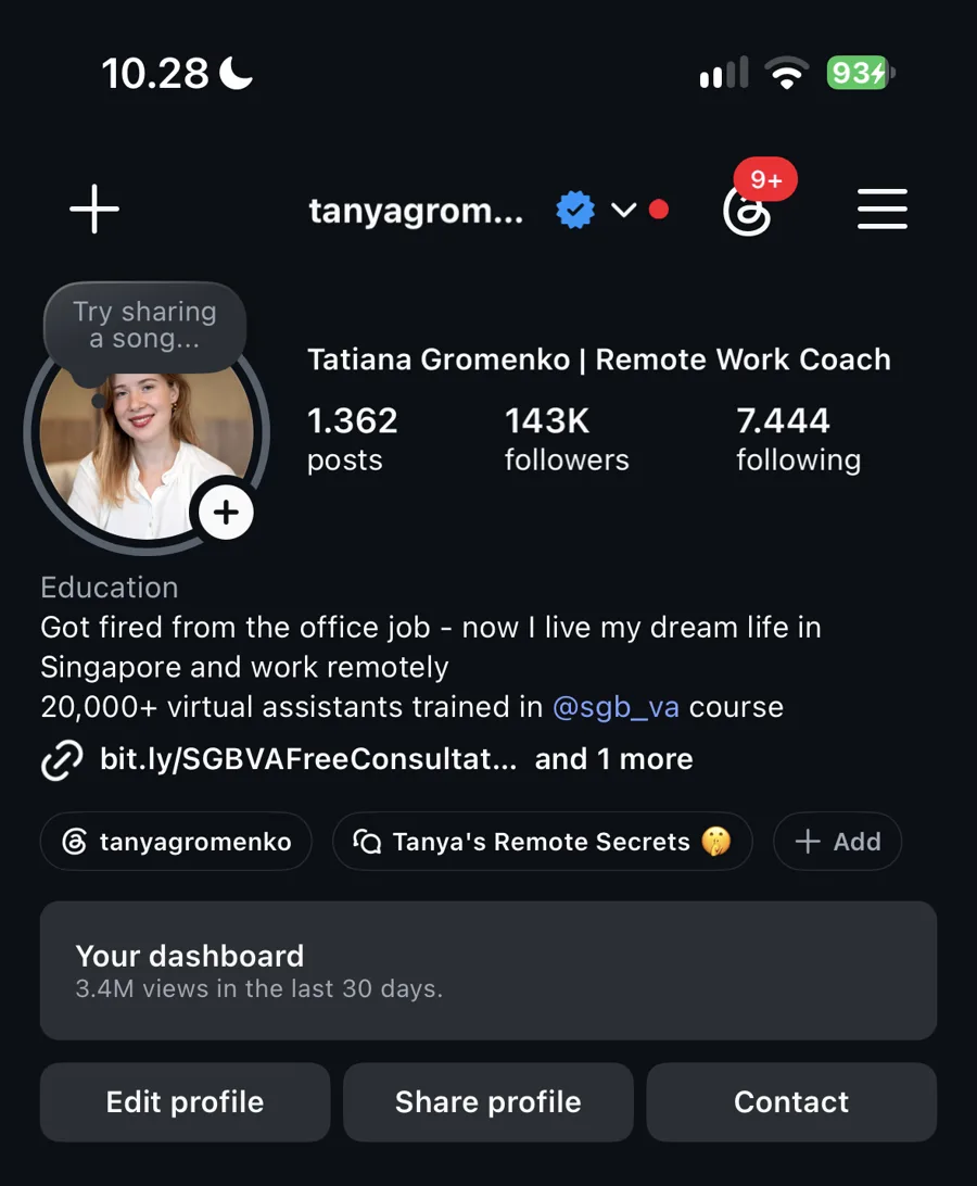 Instagram profile of tanyagromenko, 143K followers
