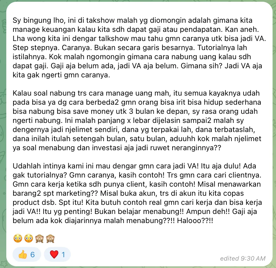 Member comment in Telegram, name hidden