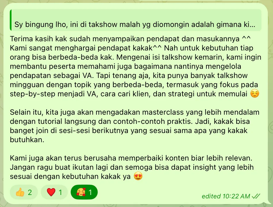 My reply in Telegram, name hidden