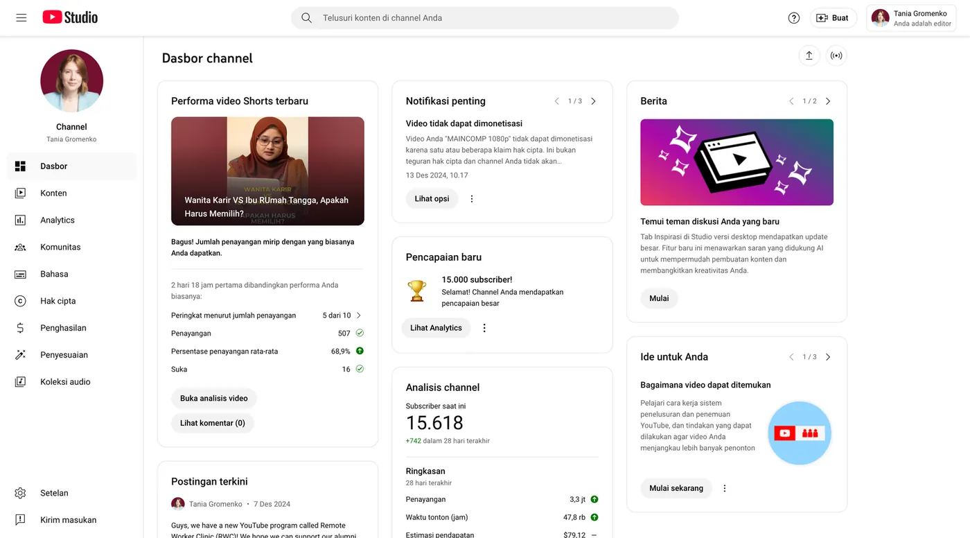 YouTube Studio with 15,618 subscribers